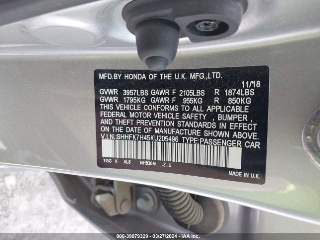 SHHFK7H45KU205496 Honda Civic Sport