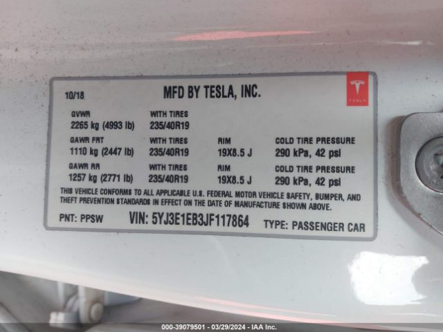 5YJ3E1EB3JF117864 Tesla Model 3 Long Range/performance