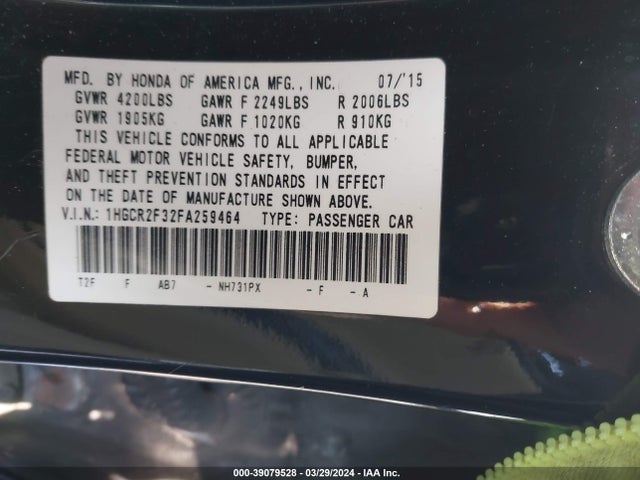 Honda ACCORD LX 2015 1HGCR2F32FA259464 Image 9