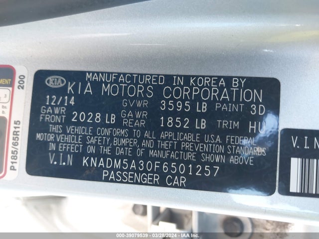 KIA RIO LX 2015 KNADM5A30F6501257 Image 9