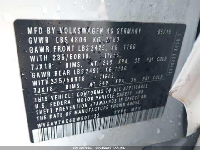 WVGAV7AX4GW501132 Volkswagen TIGUAN SE