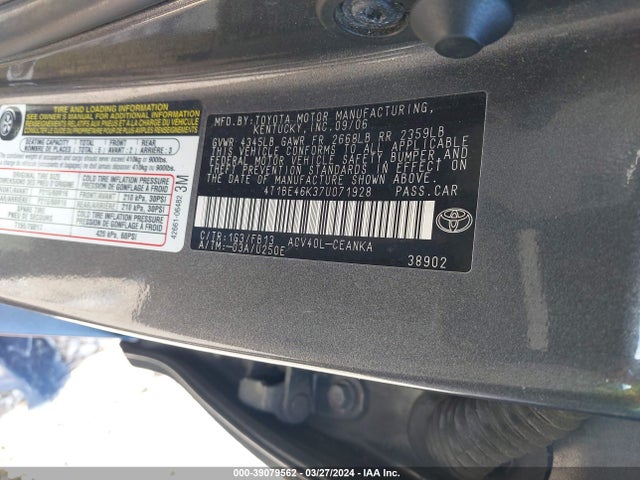 Aukcja sprzedaży 2007 Toyota Camry Le, vin: 4T1BE46K37U071928, numer aukcji: 39079562