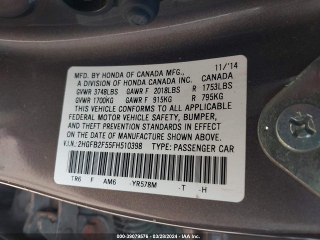 Honda Civic Lx 2015 2HGFB2F55FH510398 Image 9