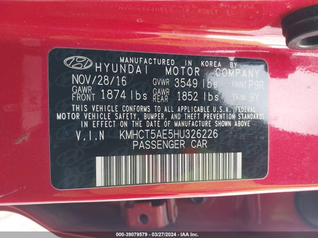 Hyundai ACCENT SE 2017 KMHCT5AE5HU326226 Image 9