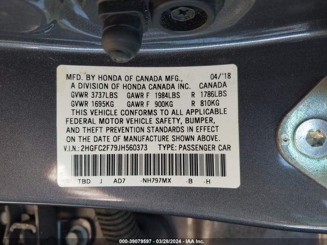 Honda CIVIC EX 2018 2HGFC2F79JH560373 Image 9