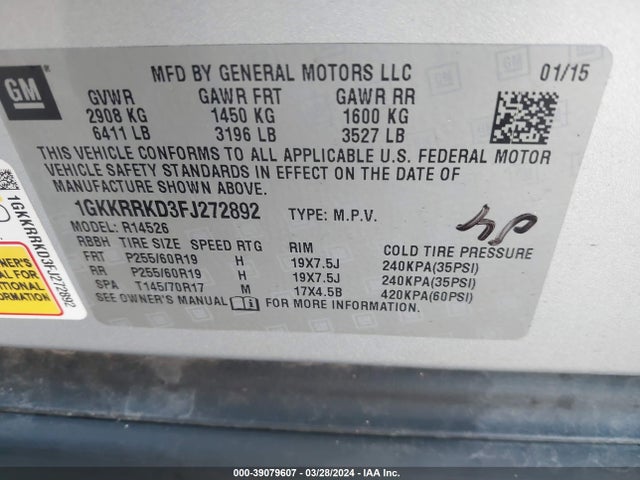 1GKKRRKD3FJ272892 GMC Acadia Slt-1