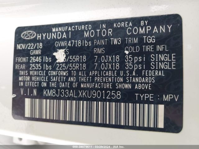 KM8J33ALXKU901258 Hyundai TUCSON SEL