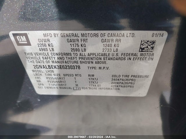 Chevrolet EQUINOX 1LT 2014 2GNALBEK3E6230378 Image 9
