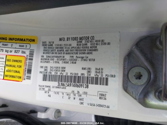 3LN6L5A91KR609138 Lincoln Mkz Standard
