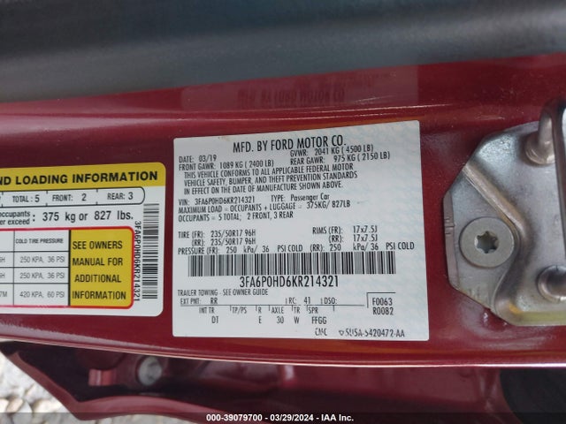 Ford FUSION SE 2019 3FA6P0HD6KR214321 Image 9