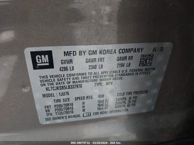 Chevrolet Trax Fwd Ls 2020 KL7CJKSB5LB337970 Image 9