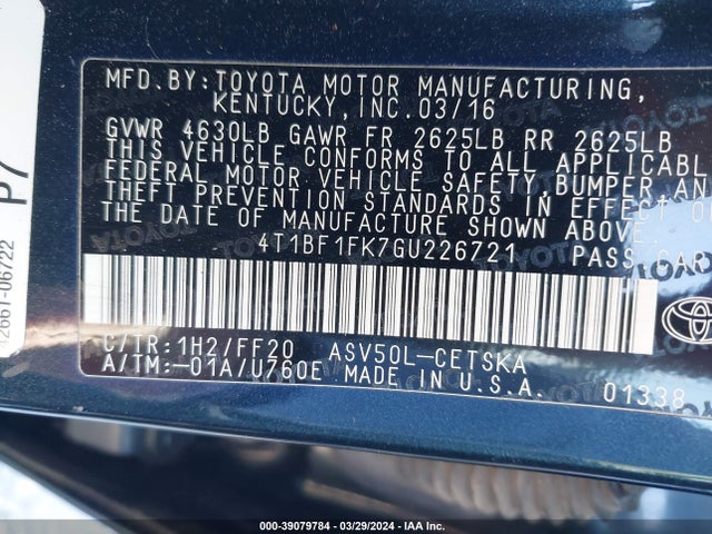 Toyota CAMRY SE 2016 4T1BF1FK7GU226721 Image 9