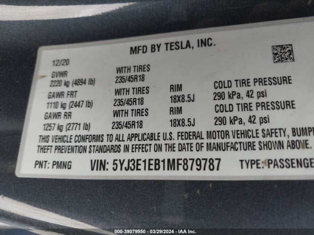 5YJ3E1EB1MF879787 Tesla Model 3 Long Range Dual Motor All-wheel Drive