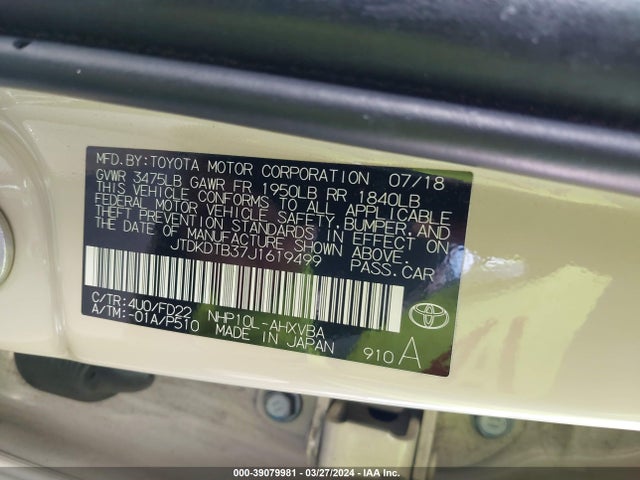 Toyota Prius C One 2018 JTDKDTB37J1619499 Image 9