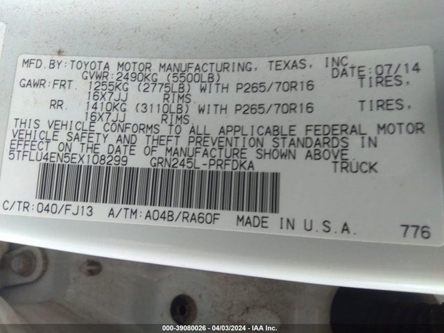 Toyota Tacoma Base V6 2014 5TFLU4EN5EX108299 Image 9