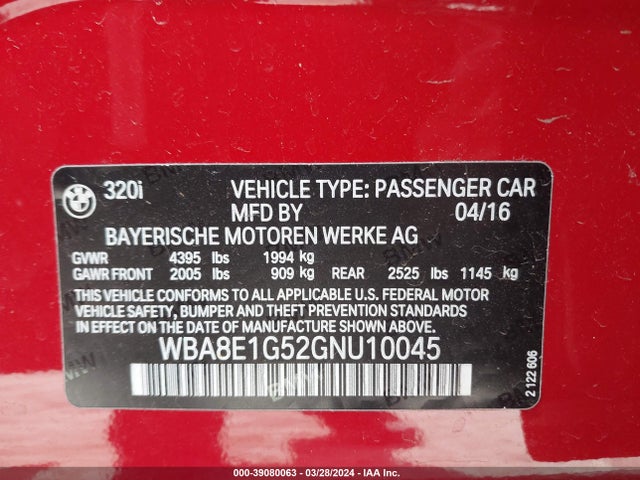 BMW 320i 2016 WBA8E1G52GNU10045 Image 9