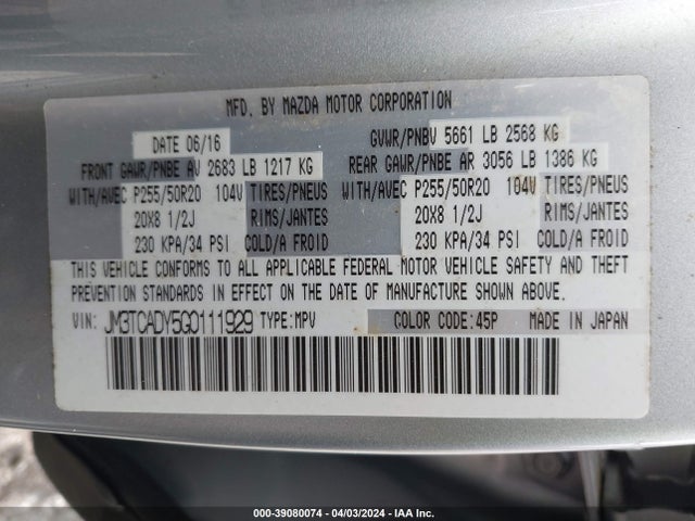 Mazda Cx-9 Grand Touring 2016 JM3TCADY5G0111929 Image 9