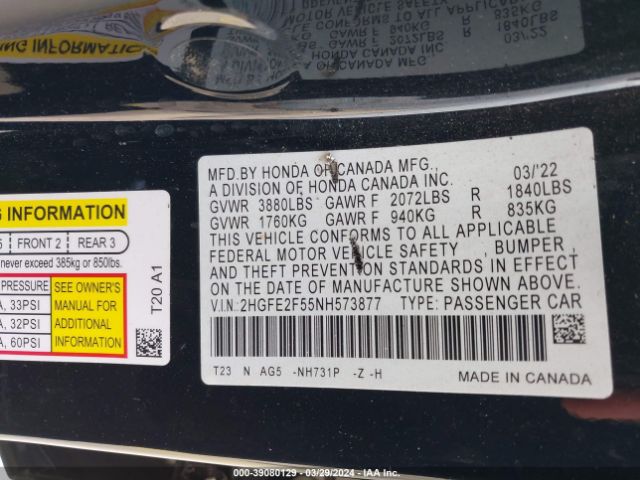 2HGFE2F55NH573877 Honda Civic Sport
