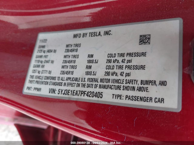 5YJ3E1EA7PF420405 Tesla Model 3 Rear-wheel Drive