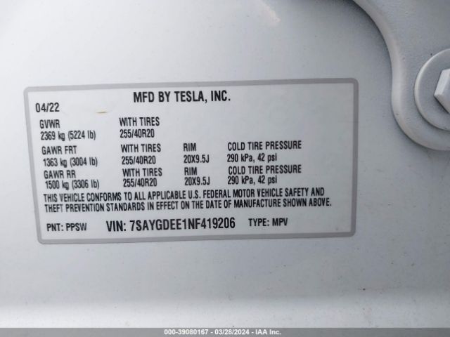 7SAYGDEE1NF419206 Tesla Model Y