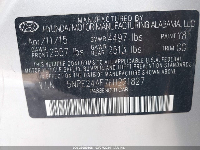 Hyundai SONATA SE 2015 5NPE24AF7FH221827 Image 9