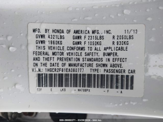 1HGCR2F81EA080777 Honda Accord Ex-l
