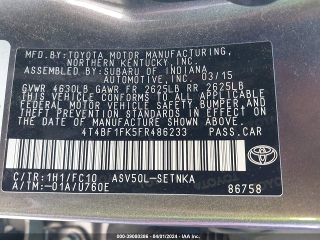 Toyota CAMRY LE 2015 4T4BF1FK5FR486233 Image 9