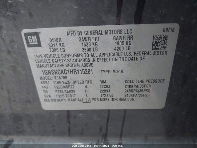 Chevrolet Tahoe Premier 2017 1GNSKCKC1HR115281 Image 9