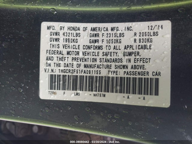 Honda Accord Sport 2015 1HGCR2F51FA091155 Image 9