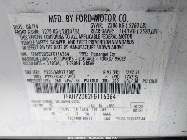 Ford TAURUS SE 2015 1FAHP2D82FG116364 Image 9