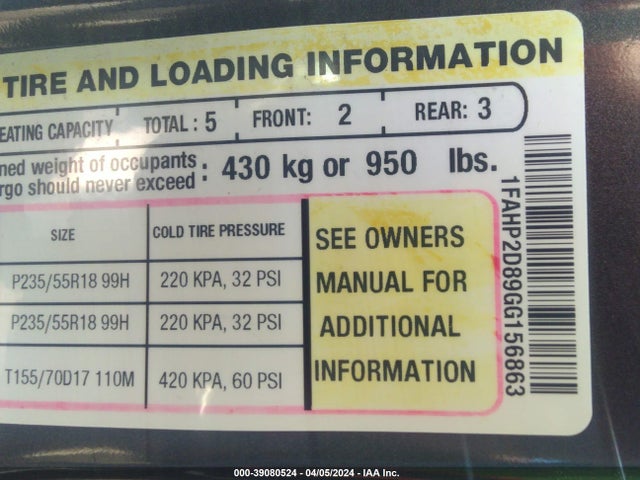Ford TAURUS SE 2016 1FAHP2D89GG156863 Image 9