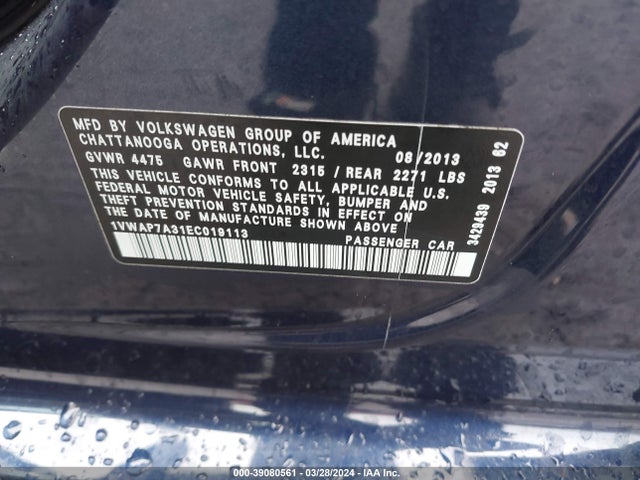 Volkswagen Passat 2.5l Wolfsburg Edition 2014 1VWAP7A31EC019113 Image 9