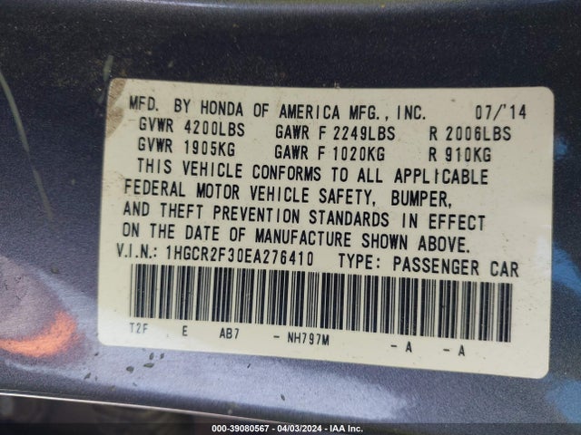 Honda ACCORD LX 2014 1HGCR2F30EA276410 Image 9