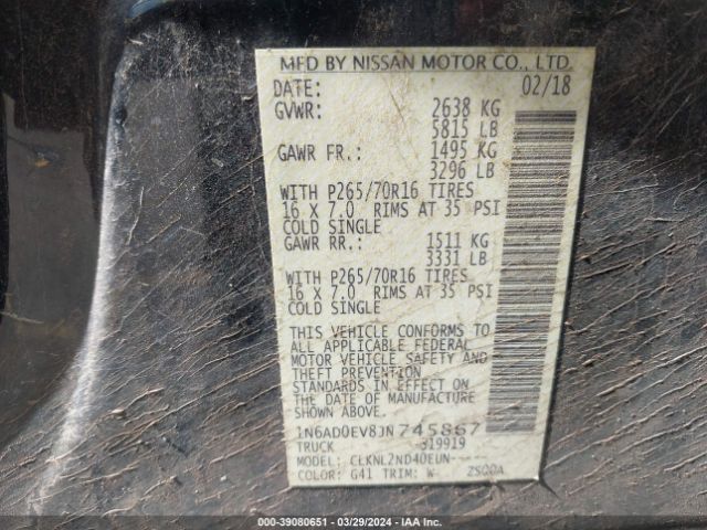 1N6AD0EV8JN745867 Nissan Frontier Sv