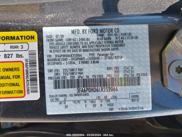 Ford FUSION SE 2020 3FA6P0HD6LR252066 Image 9