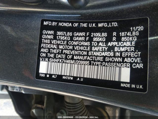SHHFK7H46MU209995 Honda Civic Sport