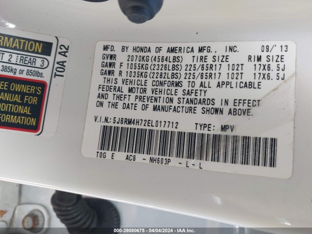 Honda Cr-v Ex-l 2014 5J6RM4H72EL017712 Image 9