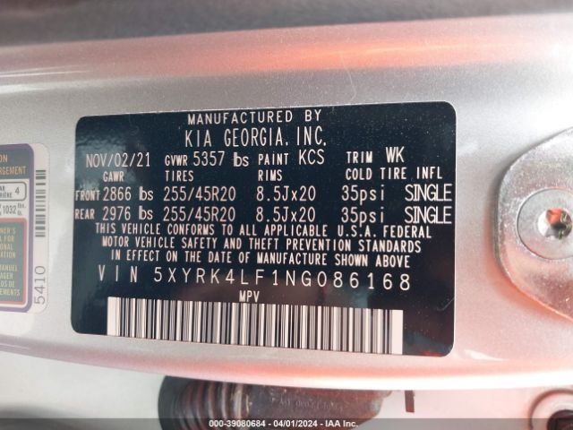 5XYRK4LF1NG086168 KIA Sorento Sx Prestige