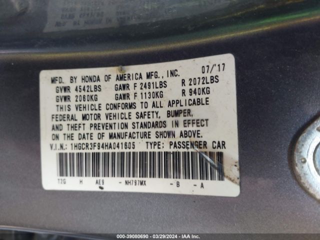 1HGCR3F94HA041605 Honda Accord Touring V6