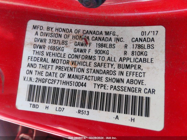 Honda CIVIC EX 2017 2HGFC2F71HH510044 Image 9