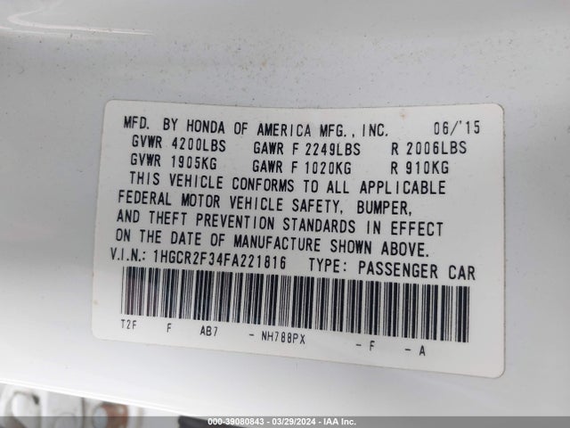 Honda ACCORD LX 2015 1HGCR2F34FA221816 Image 9