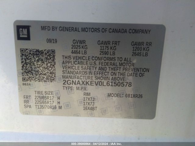 2GNAXKEV0L6150578 Chevrolet Equinox Fwd Lt 1.5l Turbo