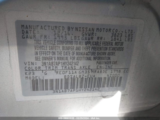 Nissan SENTRA S 2017 3N1AB7AP1HY242142 Image 9
