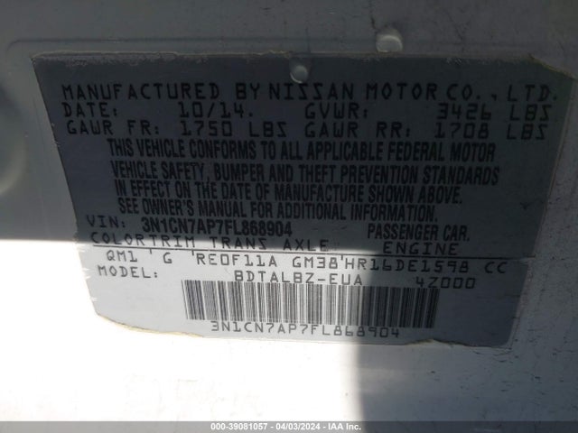 Nissan Versa 1.6 Sv 2015 3N1CN7AP7FL868904 Image 9