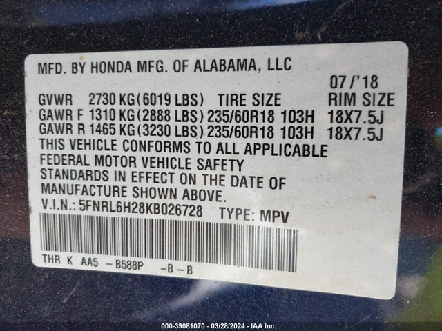 Honda ODYSSEY LX 2019 5FNRL6H28KB026728 Image 9