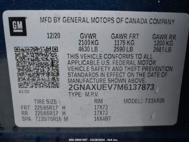 2GNAXUEV7M6137873 Chevrolet Equinox Awd Lt