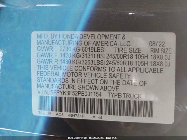 Honda Ridgeline Rtl 2023 5FPYK3F52PB001154 Image 9