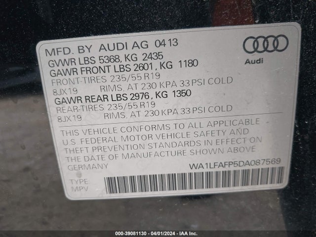 2013 Audi Q5 2.0t Premium მანქანა იყიდება აუქციონზე, vin: WA1LFAFP5DA087569, აუქციონის ნომერი: 39081130