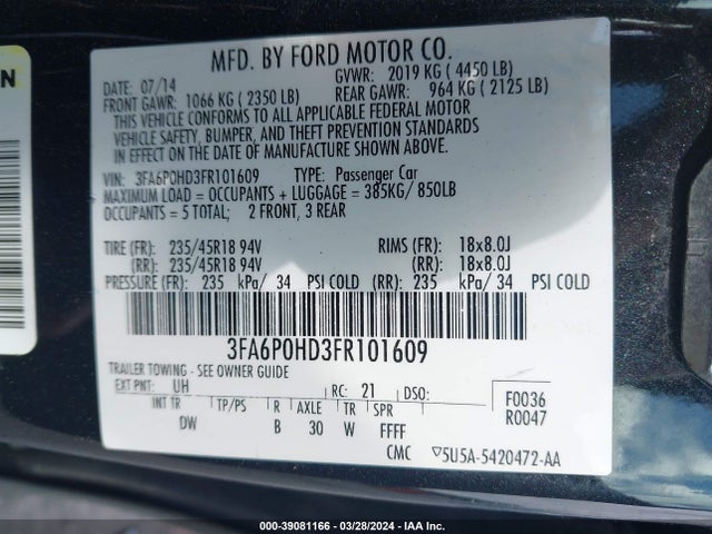 Ford FUSION SE 2015 3FA6P0HD3FR101609 Image 9