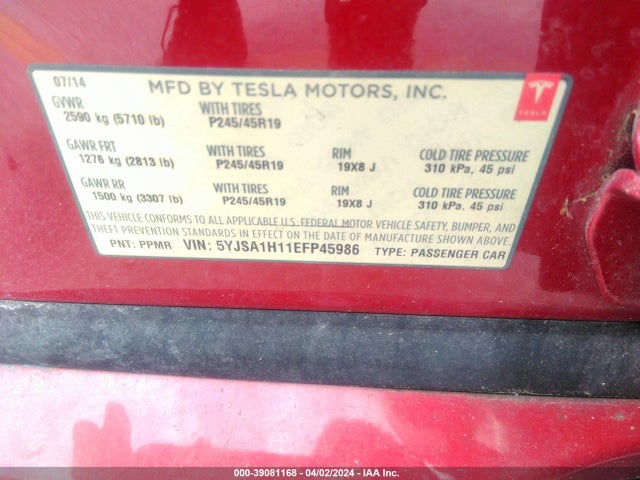 5YJSA1H11EFP45986 Tesla Model S P85